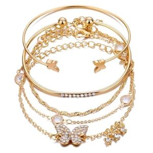 Shining Diva Fashion Set of 5 Stylish Multilayer Crystal Bangle Gold Plated Bracelet for Women and Girls (Golden) (13073b), One Size